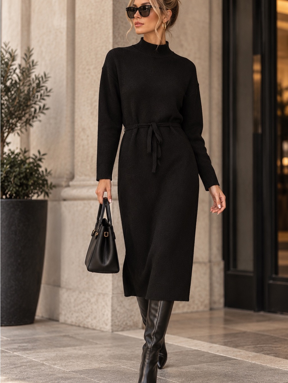 Forte Knit Midi Dress with Waist Tie